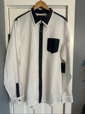 NWT Guess Men's Slim Fit Contrast Button-Down Shirt - White/Black - XXL